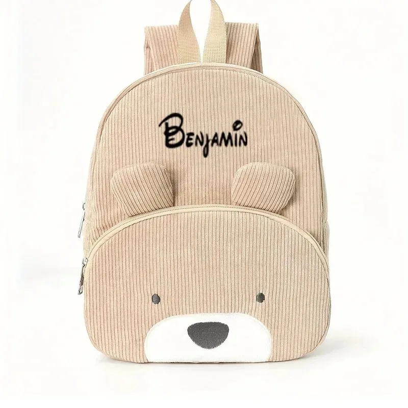 Customized Name Toddler Backpack - Cartoon Bear Corduroy Bag with Large Capacity, Embroidered Name Plush Backpack for Kids thumbnail 2