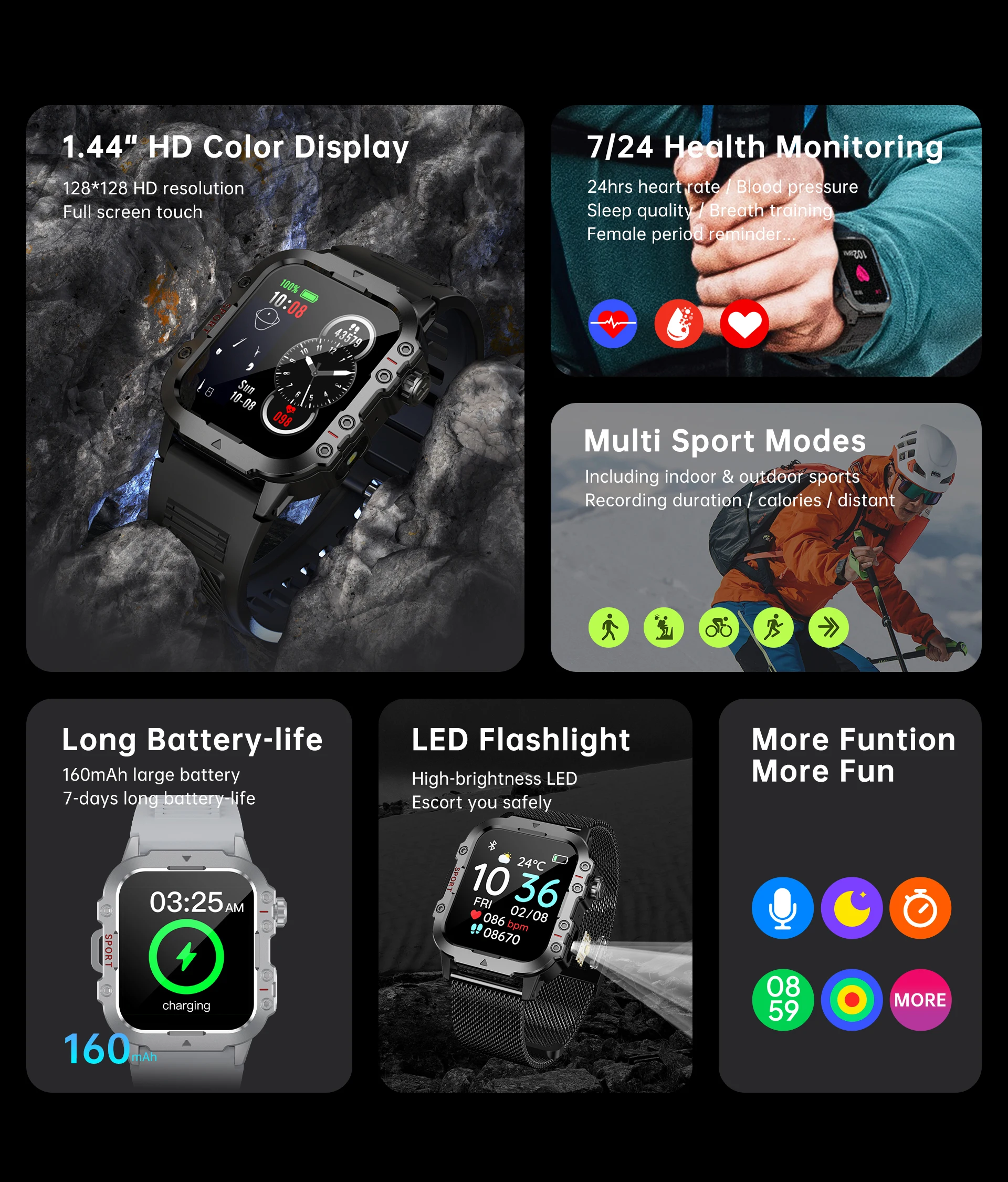 2026 New Military Smart Watch Men IP67 3ATM Outdoor Sports Fitness Tracker Health Monitor 1.44Inch BT Call Smartwatch thumbnail 2