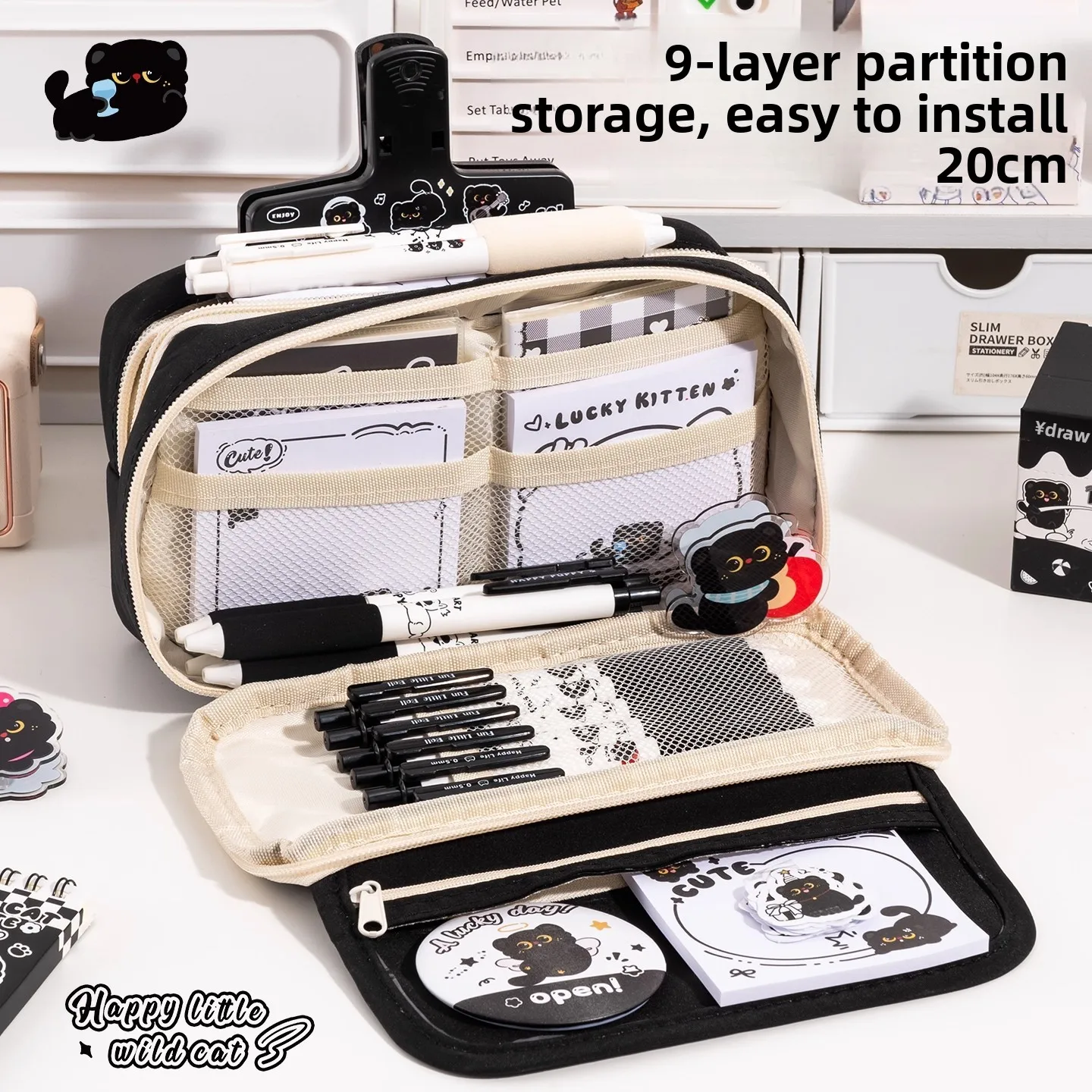Black Kitten Stationery Set - Cute Cat School Supplies for Students, Aesthetic Pen & Pouch Back-to-School Kit thumbnail 3
