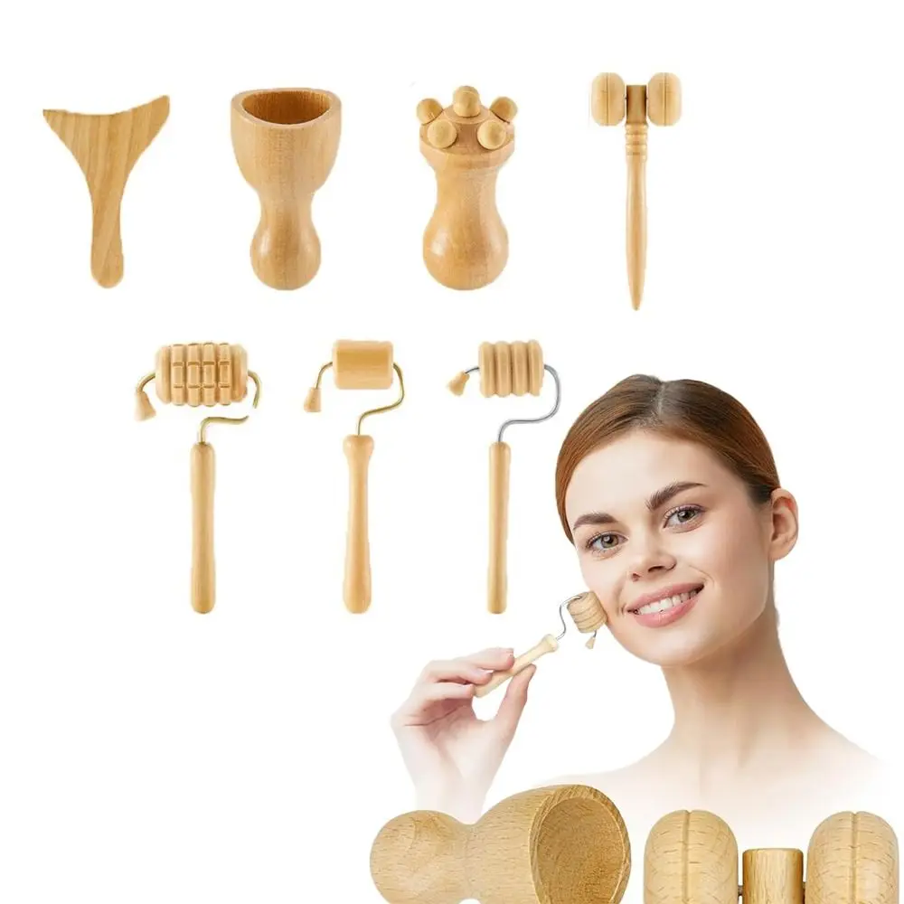 6/7/8Pcs/Set Wooden Facial Massage Tools Scraping Board Anti-Aging Face Massager Kit Roller Durable Manual Massage Tools