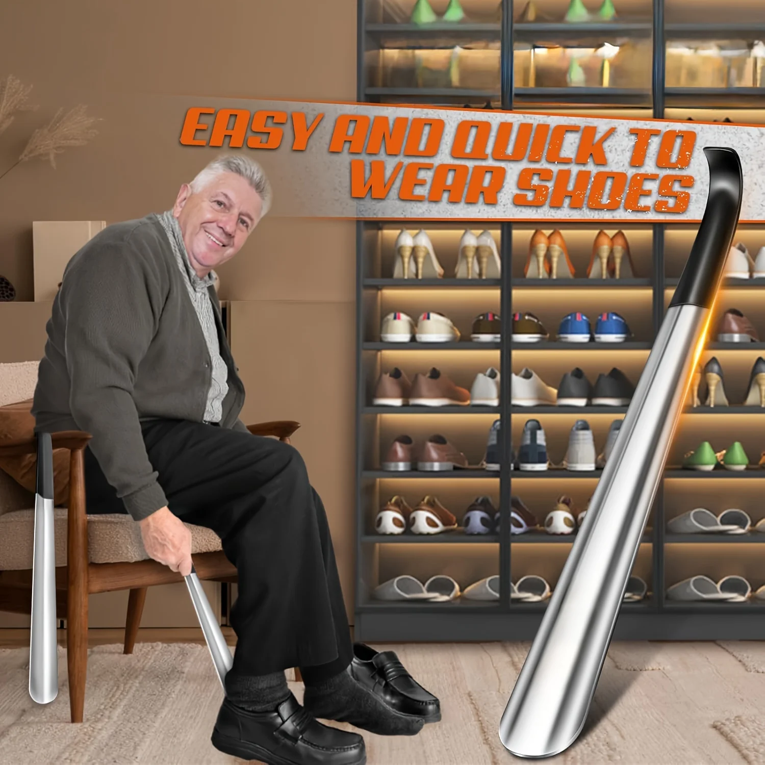 [Stainless Steel Shoehorn] Long Handle Ergonomic Stainless Steel Shoehorn | 16.5"/42cm | Easy-Grip Metal Shoe Horn for Seniors thumbnail 4