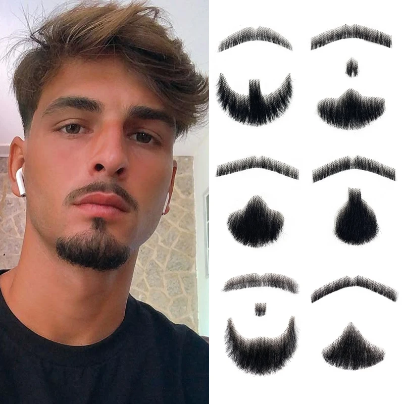 100% Human Hair Hand Made Black Brown Realistic Fake Moustache for Men Makeup Facial Hair By Invisible Beards