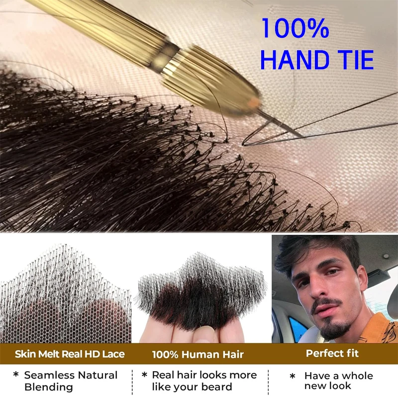 100% Human Hair Hand Made Black Brown Realistic Fake Moustache for Men Makeup Facial Hair By Invisible Beards thumbnail 2