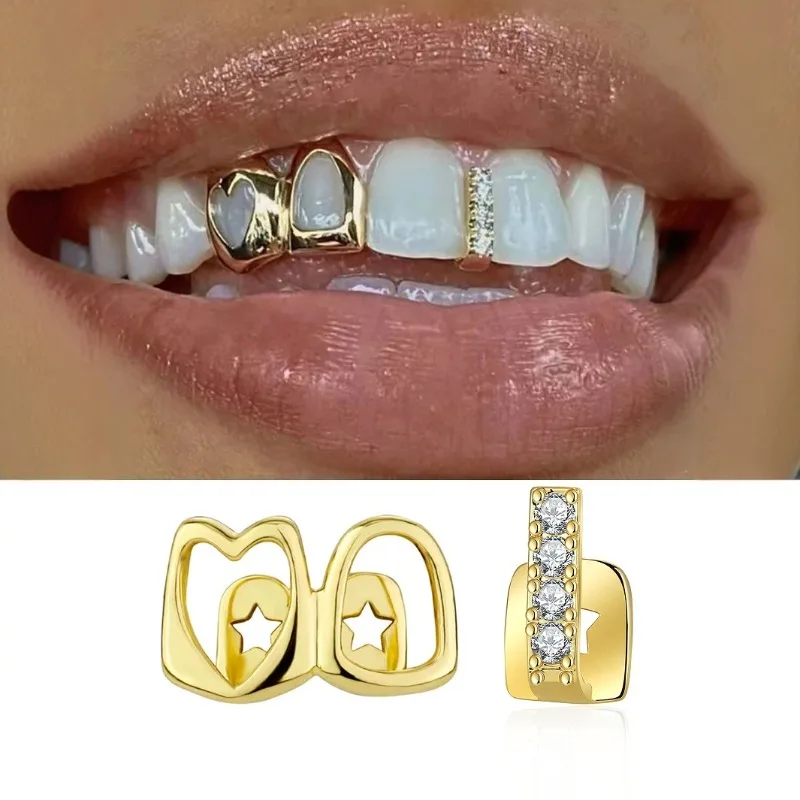 1set Hip Hop Golden Grillz Tooth Jewelry Copper Inlaid Zircon Hollow Heart for Men Women Valentine Gift Daily Wearable