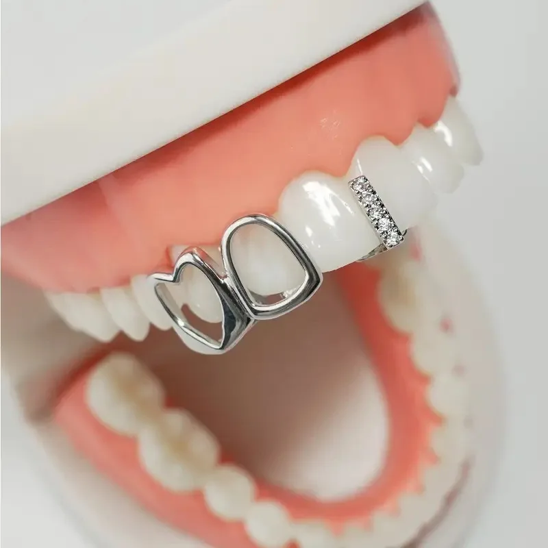 1set Hip Hop Golden Grillz Tooth Jewelry Copper Inlaid Zircon Hollow Heart for Men Women Valentine Gift Daily Wearable thumbnail 4