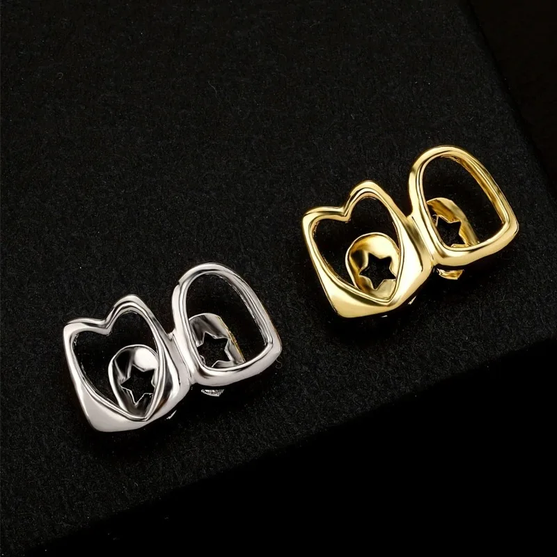 1set Hip Hop Golden Grillz Tooth Jewelry Copper Inlaid Zircon Hollow Heart for Men Women Valentine Gift Daily Wearable thumbnail 5