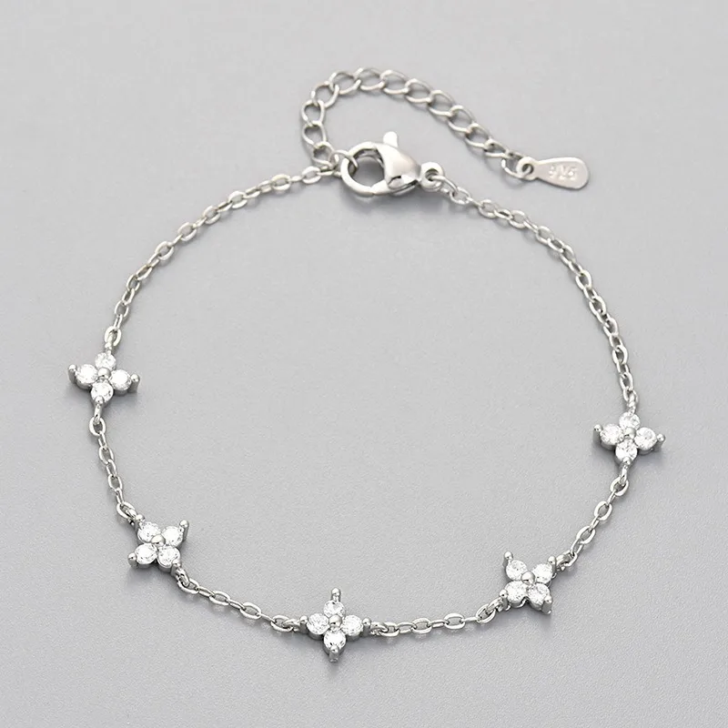 2pcs 925 Sterling Silver Four-leaf Flower Necklace Bracelet Set for Women Luxury Adjustable Link Chain Necklace Set Jewelry Gift thumbnail 5