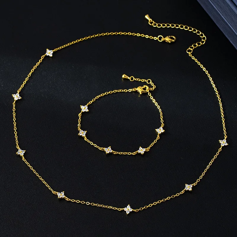 2pcs 925 Sterling Silver Four-leaf Flower Necklace Bracelet Set for Women Luxury Adjustable Link Chain Necklace Set Jewelry Gift thumbnail 4