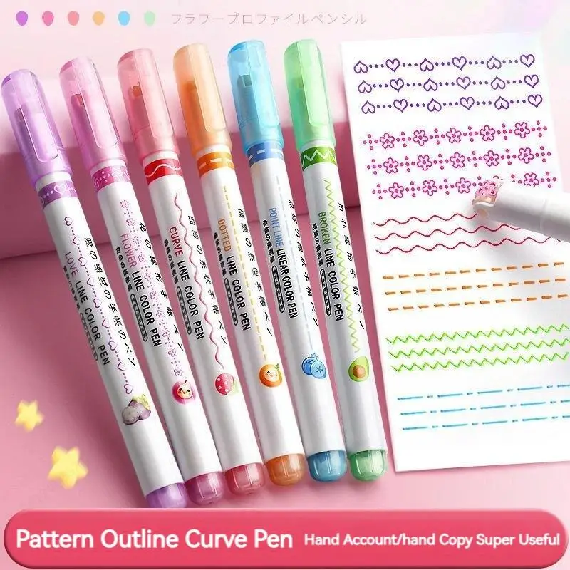 6Pcs/Set Flower Shape Outline Pens Highlighter Marker Curve Roller Tip Pencil Cute Stationery Kawaii Graffiti School Acsesories thumbnail 2