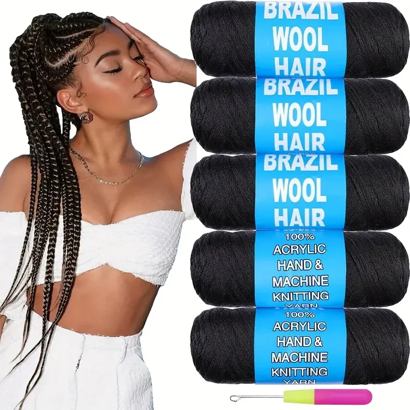 2/3/5/8/12Rolls Black Brazilian Wool Hair Acrylic Yarn For African Synthetic Crochet Hair Jumbo Braids Twist Wraps70G/Roll thumbnail 5