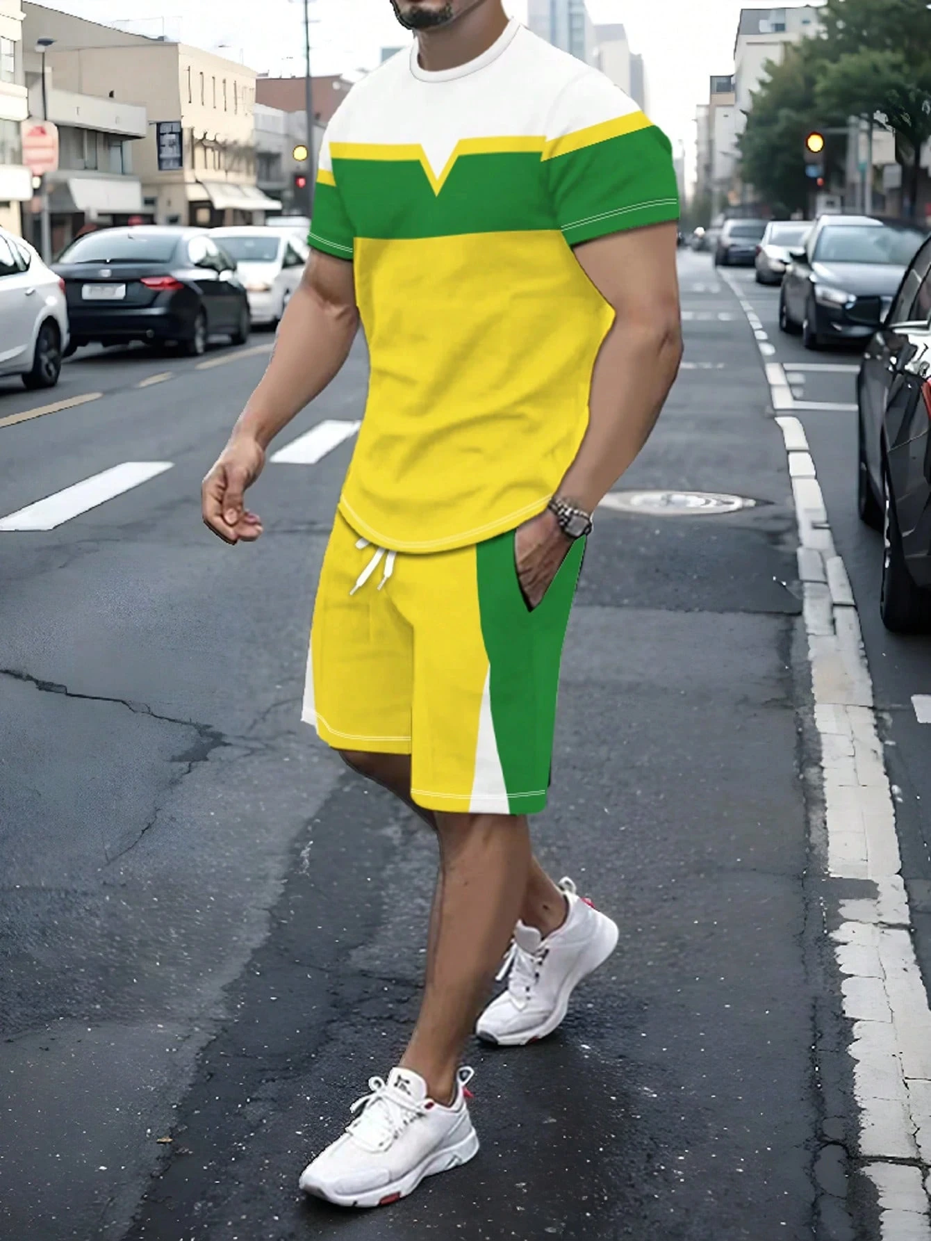Casual Stripe Printed T-shirt Shorts Set Large Size Loose Men's Short Sleeve Tee Elastic Waist Shorts 2-piece Set Sports Clothes thumbnail 3