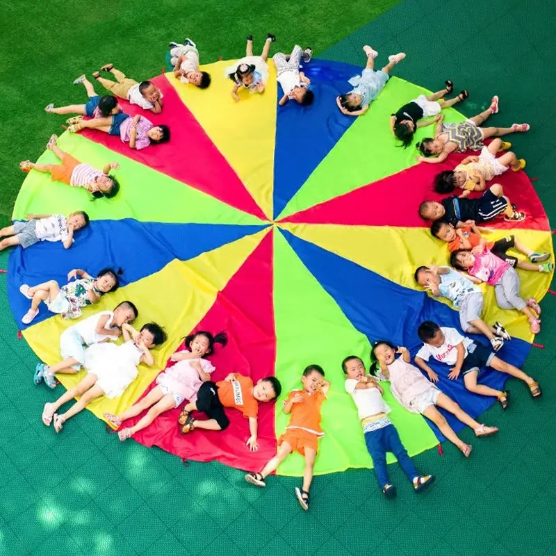 2M Diameter Children's Outdoor Team Game Prop Rainbow Parachute Toy Jumping Bag Bouncing Floor Mat School Multiplayer Game thumbnail 2