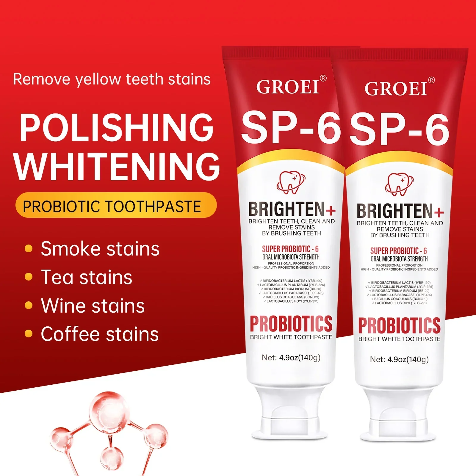 1/2pcs SP-6 Probiotic Toothpaste Whitening Stain Removal Freshens Breath Improves Yellow Teeth Probiotic White Toothpaste Care thumbnail 2