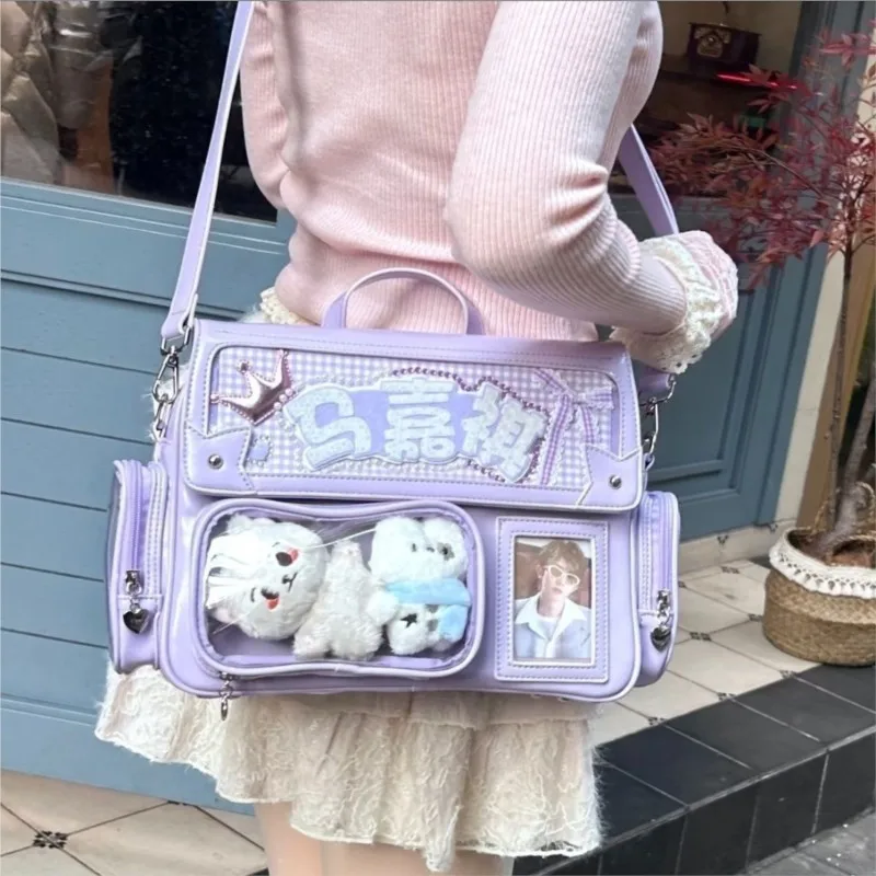 Japanese Solid Color Backpack Women Square Leather Y2K Mochilas Mujer Harajuku Large Capacity Ita Bag Anime Handle Crossbody thumbnail 3