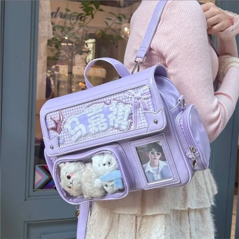 Japanese Solid Color Backpack Women Square Leather Y2K Mochilas Mujer Harajuku Large Capacity Ita Bag Anime Handle Crossbody thumbnail 2