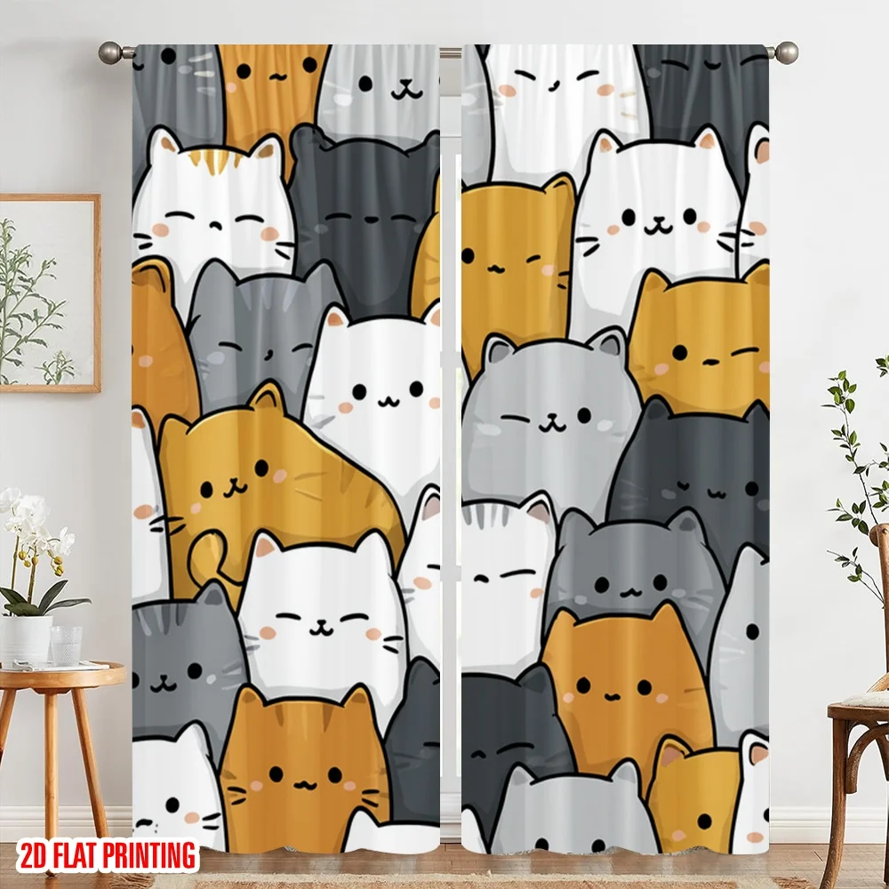 2pcs 2D flat printing Window Treatment Curtains Cute Cats Kawaii 100% Polyester Without Electricity 0 for Living Room Outdoor thumbnail 4