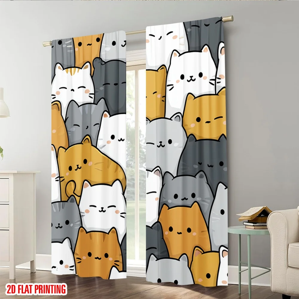 2pcs 2D flat printing Window Treatment Curtains Cute Cats Kawaii 100% Polyester Without Electricity 0 for Living Room Outdoor thumbnail 6