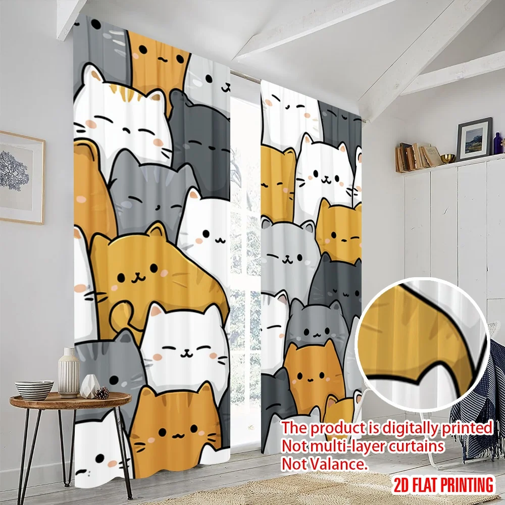 2pcs 2D flat printing Window Treatment Curtains Cute Cats Kawaii 100% Polyester Without Electricity 0 for Living Room Outdoor thumbnail 5