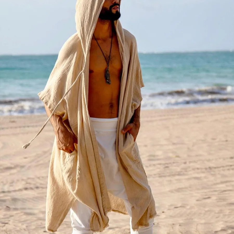 2026 Men's Summer Mid-length Cardigans Loose Casual Sun Protection Clothes Beach Holiday Style Shawl Coat Male Long Hooded Cape