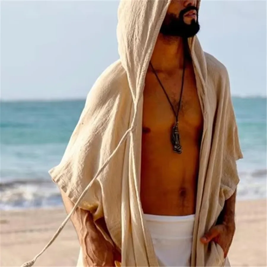 2026 Men's Summer Mid-length Cardigans Loose Casual Sun Protection Clothes Beach Holiday Style Shawl Coat Male Long Hooded Cape thumbnail 5