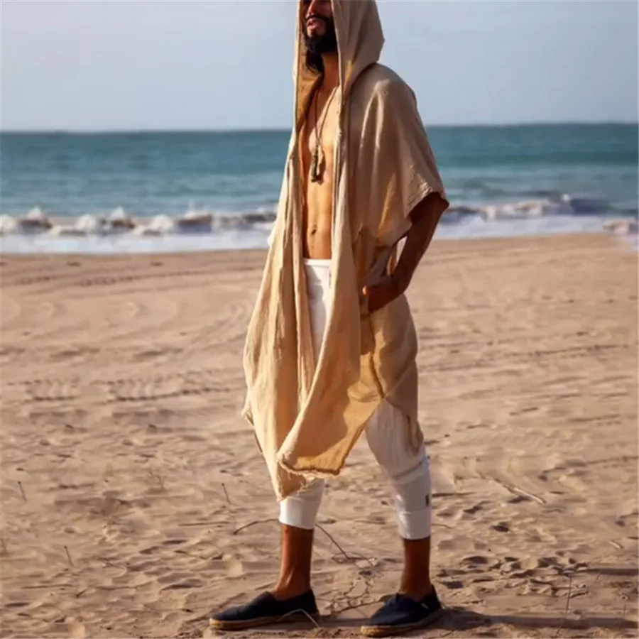 2026 Men's Summer Mid-length Cardigans Loose Casual Sun Protection Clothes Beach Holiday Style Shawl Coat Male Long Hooded Cape thumbnail 3