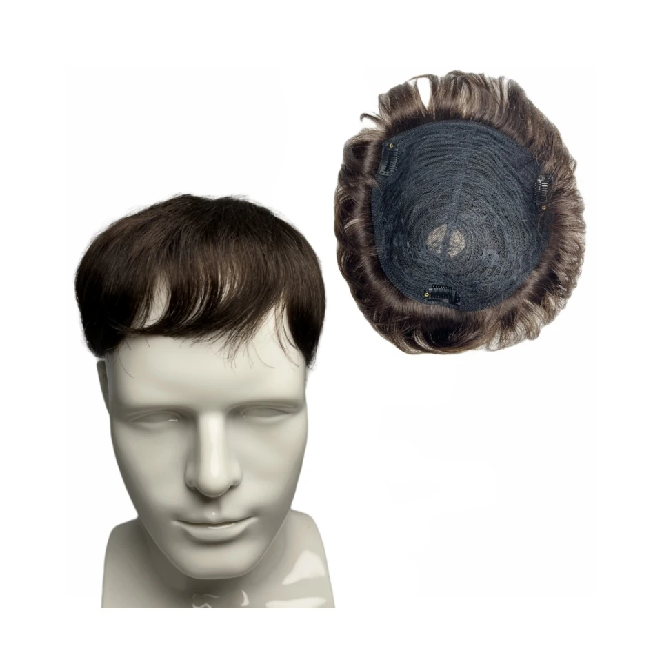 Men's Wigs Clip-On Hair Wig Real Human Hair Toupee for Men Natural Topper Overhead Replacement Block for Hair Loss
