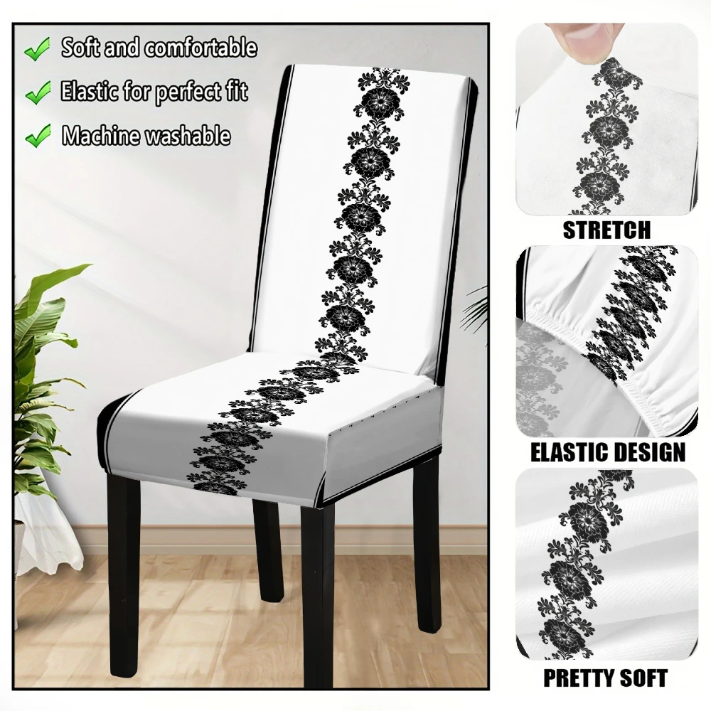 4/6pcs Dining chair cover Elegant Stretchable Seat Covers with Black Floral Pattern for Home Decor Protector Slipcovers thumbnail 6