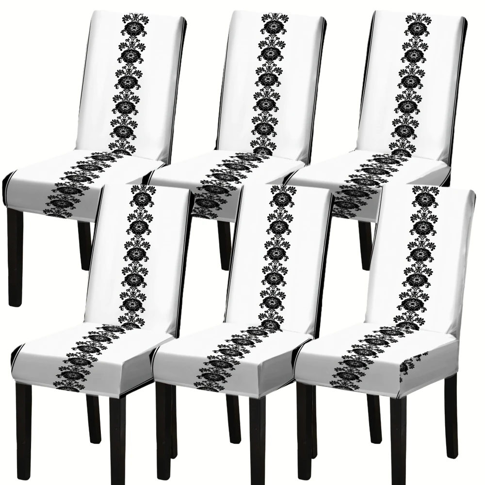 4/6pcs Dining chair cover Elegant Stretchable Seat Covers with Black Floral Pattern for Home Decor Protector Slipcovers