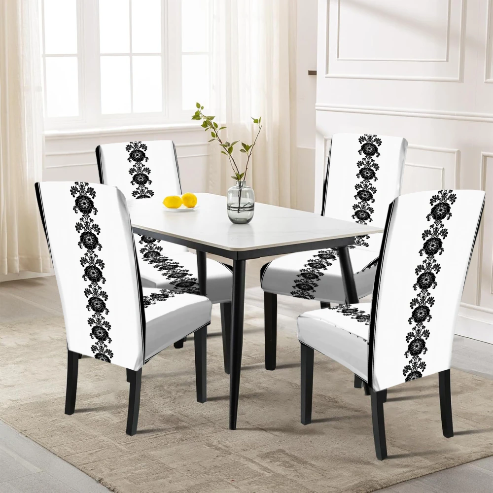 4/6pcs Dining chair cover Elegant Stretchable Seat Covers with Black Floral Pattern for Home Decor Protector Slipcovers thumbnail 5