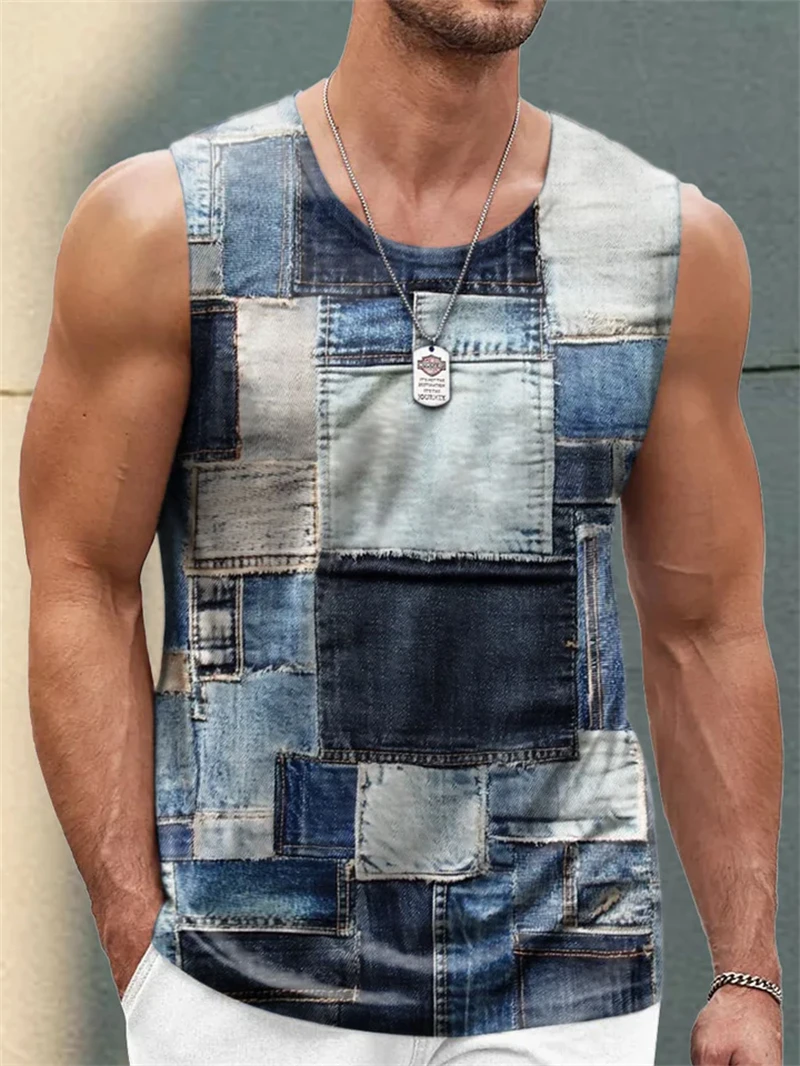 Retro Denim Patchwork Graphic Tank Tops For Men Summer Fashion Sleeveless 3D Printed Vest Casual Oversized Daily Wear Tees Tops