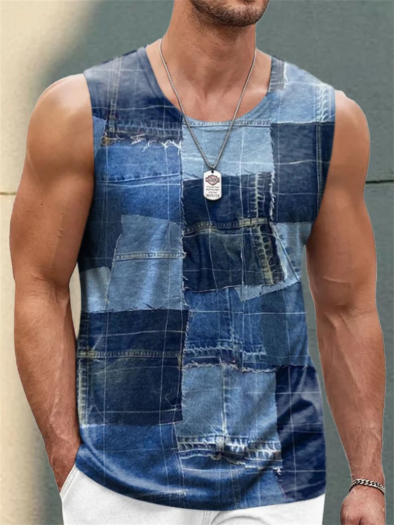 Retro Denim Patchwork Graphic Tank Tops For Men Summer Fashion Sleeveless 3D Printed Vest Casual Oversized Daily Wear Tees Tops thumbnail 3