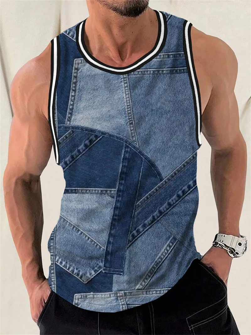 Retro Denim Patchwork Graphic Tank Tops For Men Summer Fashion Sleeveless 3D Printed Vest Casual Oversized Daily Wear Tees Tops thumbnail 4