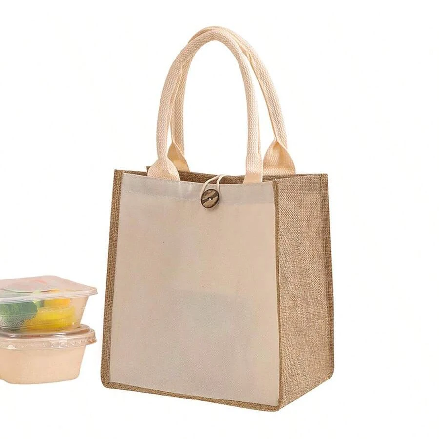 Simple solid color men's handbag large capacity imitation linen button handbag lunch bag daily travel luggage bag storage bag