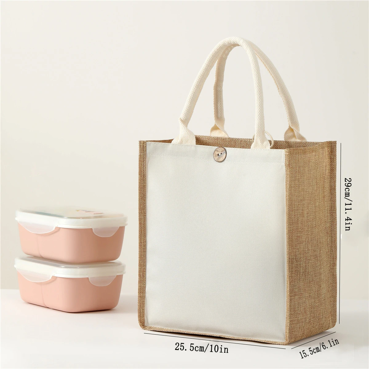 Simple solid color men's handbag large capacity imitation linen button handbag lunch bag daily travel luggage bag storage bag thumbnail 2