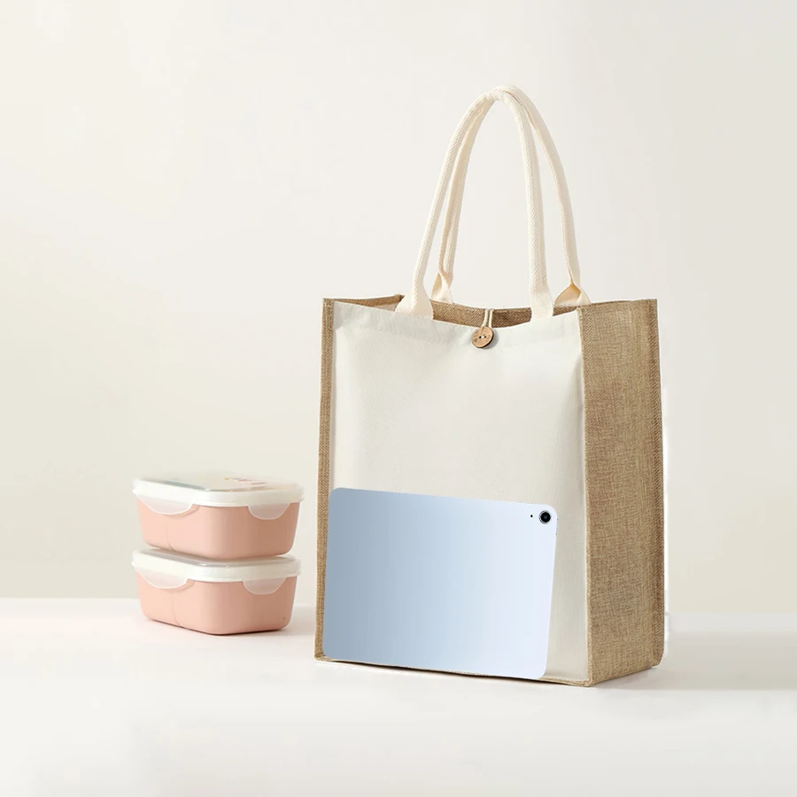 Simple solid color men's handbag large capacity imitation linen button handbag lunch bag daily travel luggage bag storage bag thumbnail 4