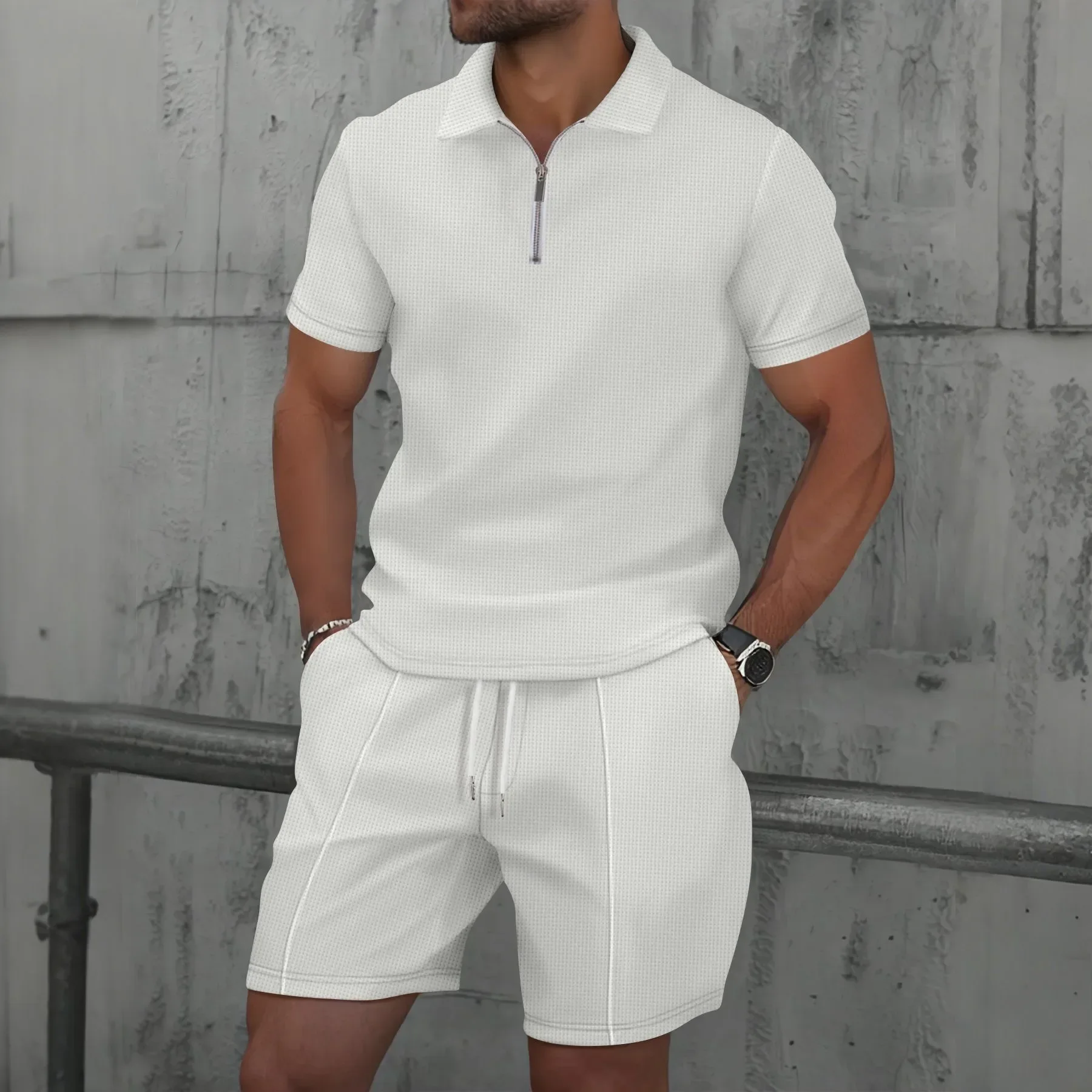 Summer Men Sports Polo Suit Short Sleeve Stylish Zipper Polo Shirt And Shorts Set Men Casual Streetwear 2-pie Leisure Sports Set thumbnail 3