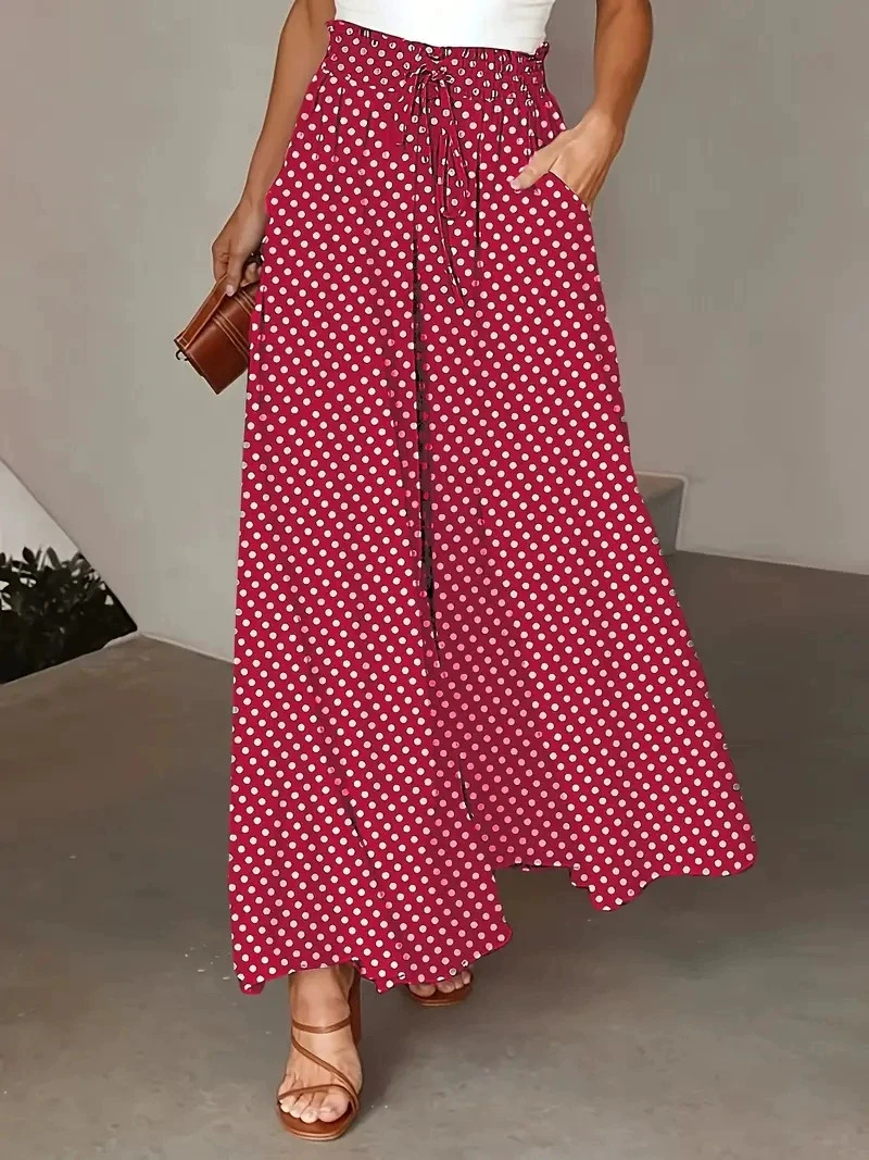 2025 Spring/Summer Bohemian Wide-Leg Pants with Elastic Waist and Polka Dot Print Long Skirt Pants for Women thumbnail 2