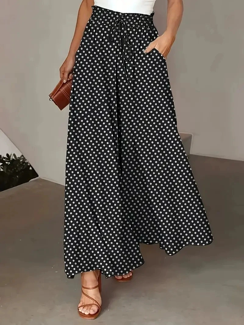 2025 Spring/Summer Bohemian Wide-Leg Pants with Elastic Waist and Polka Dot Print Long Skirt Pants for Women thumbnail 3