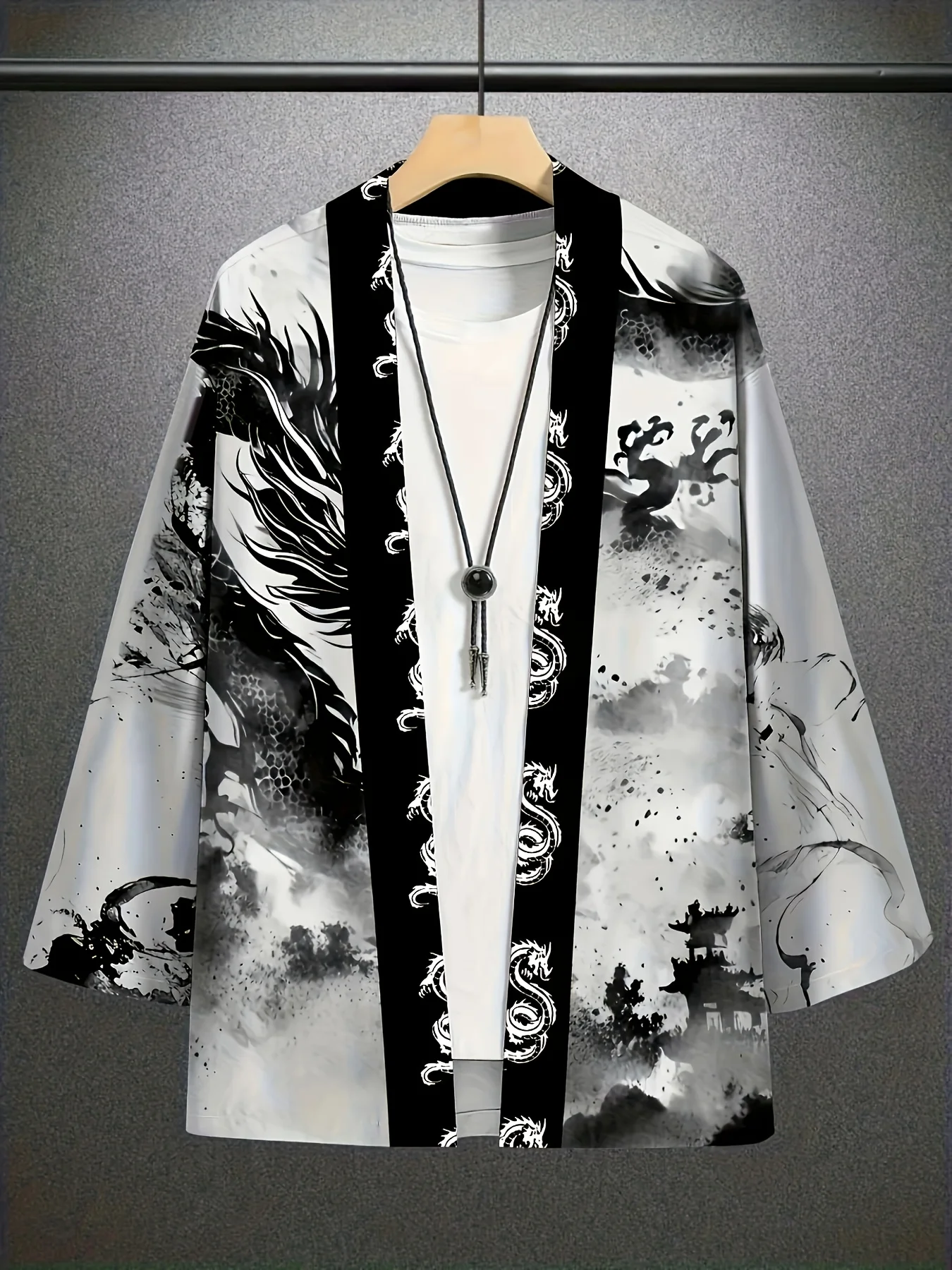 Unisex Kimono Black and White Dragon Print Top Fashion Casual Cardigan Yukata Outfit Japanese Streetwear Traditional Clothing