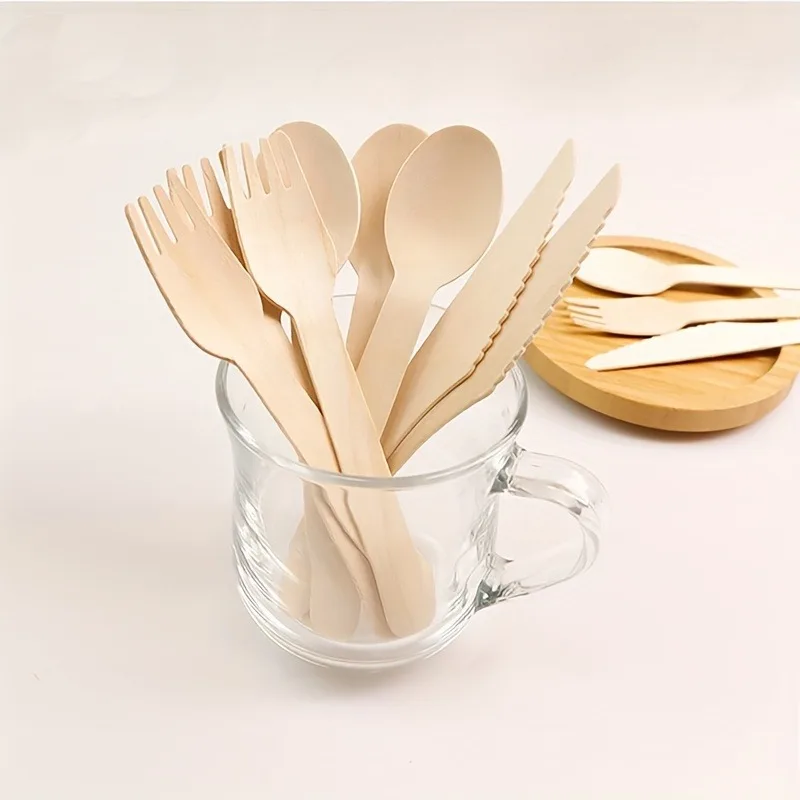 50PCS Disposable Wooden Spoon Fork Cutlery Set Wedding Birthday Parties Desserts Cakes Ice Cream Disposable Wooden Cutlery thumbnail 5