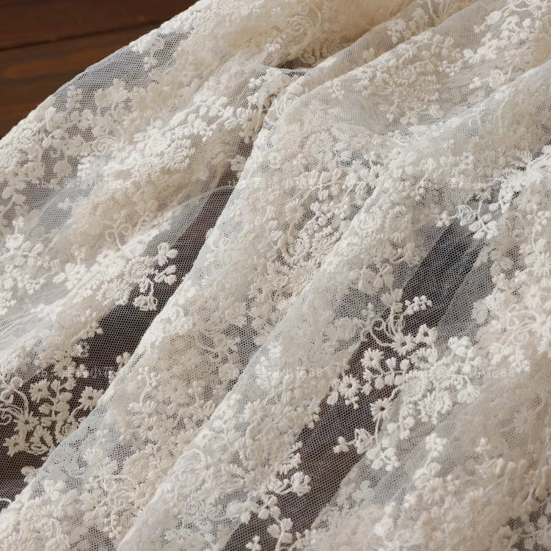 Soft Beige Mesh Fabric Embroidery Lace Fabric for Dress Cheongsam, Baby Clothes, DIY Background Fabric By The Yard