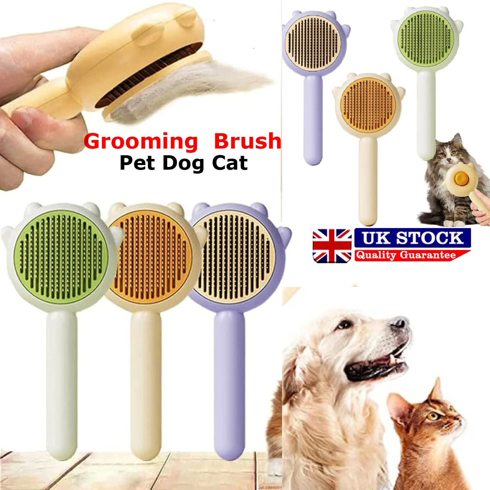 Pet Dog Cat Brush Grooming Self-Cleaning Slicker Brush Massage Hair Comb Cleaner