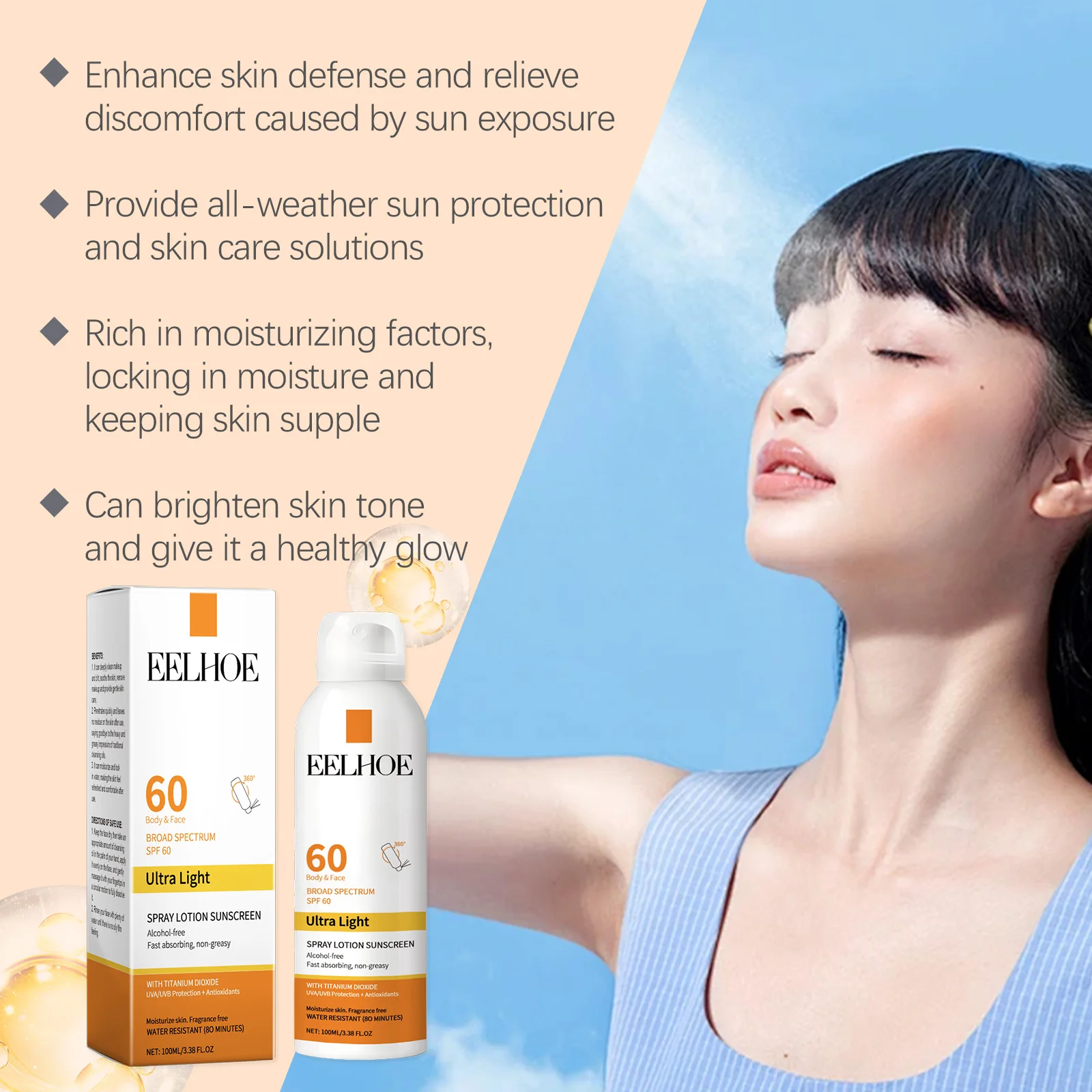 EELHOE Sun Protection Face Spray, Hydrating Moisturizer with UV Filter Lightweight Daily SPF60 Mist for Sensitive Skin Oil-Free thumbnail 2