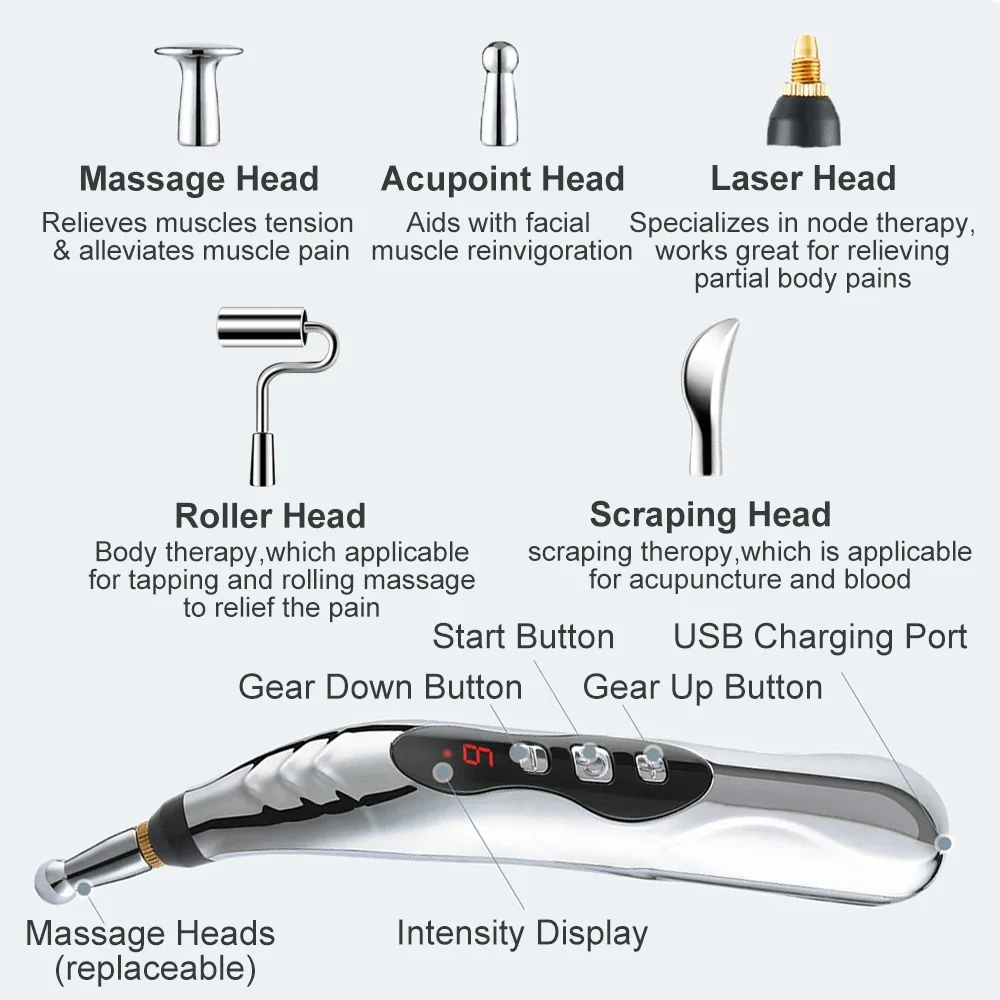 Rechargeable Acupuncture Pen 5/4/3 Head Laser Meridian Energy Massager for Body Face Neck Legs Back Tens Therapy Massage Stick thumbnail 4