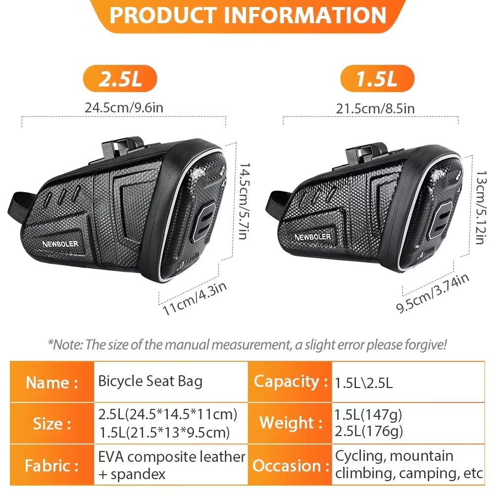 NEWBOLER 1.5L/2.5L Waterproof Bicycle Saddle Bag MTB Road Bike Saddlebags Reflective Striped Bicycle Tool Bag MTB Accessories thumbnail 2