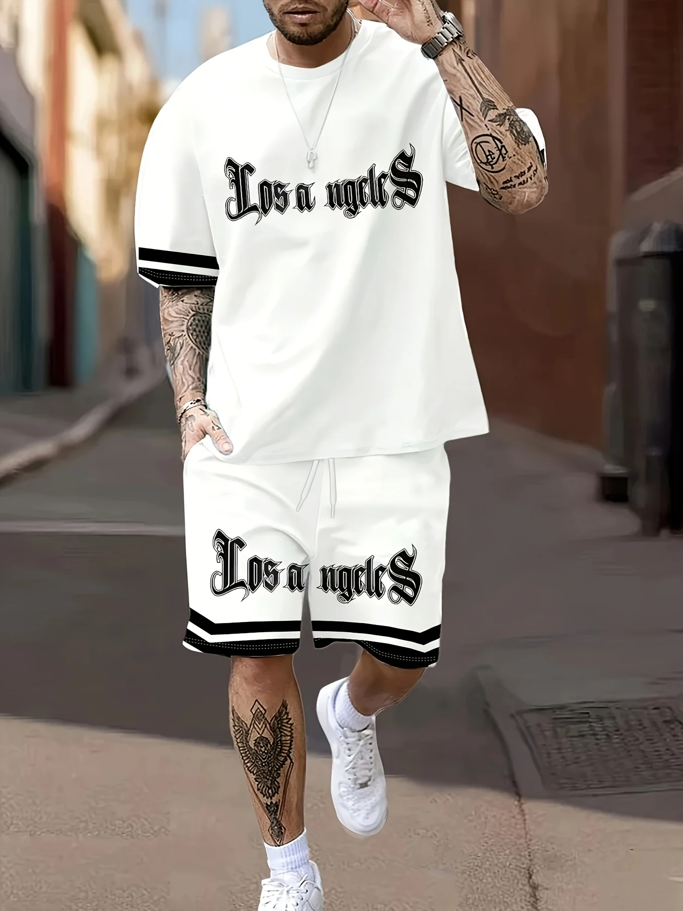 Fashionable Men's Summer Gothic Letter Printed Comfortable Breathable Round Neck T-shirt Shorts Set Outdoor Casual Clothing thumbnail 2