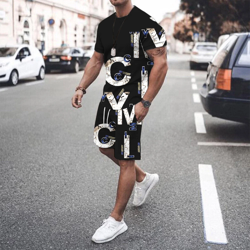 New men's summer trend big font print comfortable and breathable round neck T-shirt shorts set outdoor casual wear thumbnail 3