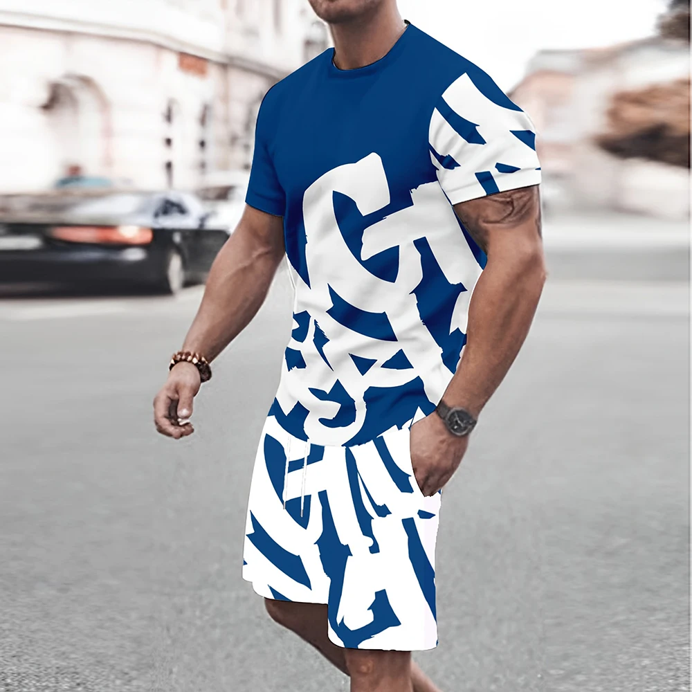New men's summer trend big font print comfortable and breathable round neck T-shirt shorts set outdoor casual wear thumbnail 4