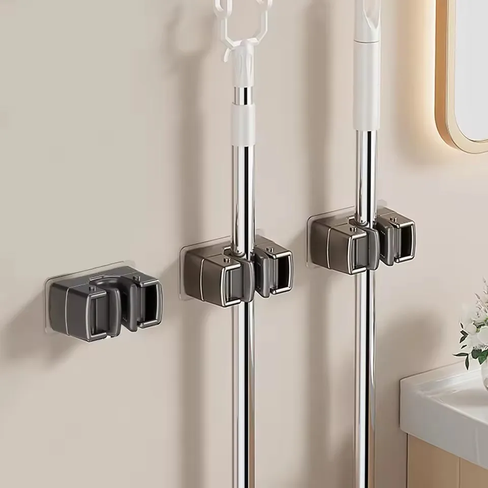 4pcMulti-Purpose Hooks Adhesive Wall Hanging Mop Rack Broom Hanger Hook Kitchen Bathroom Organization Home Organizer Accessories thumbnail 2