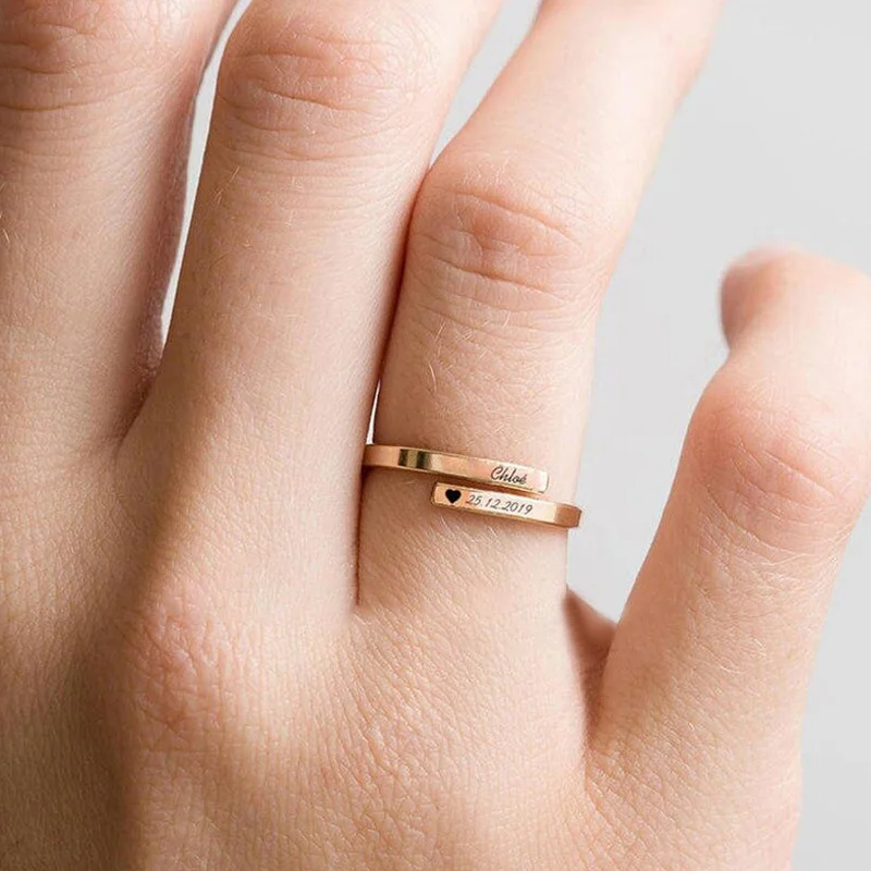Fashion Stainless Steel Engraved Name Text Date Finger Rings for Women Men Couples Lover Custom Personalized Ring Opened Gift
